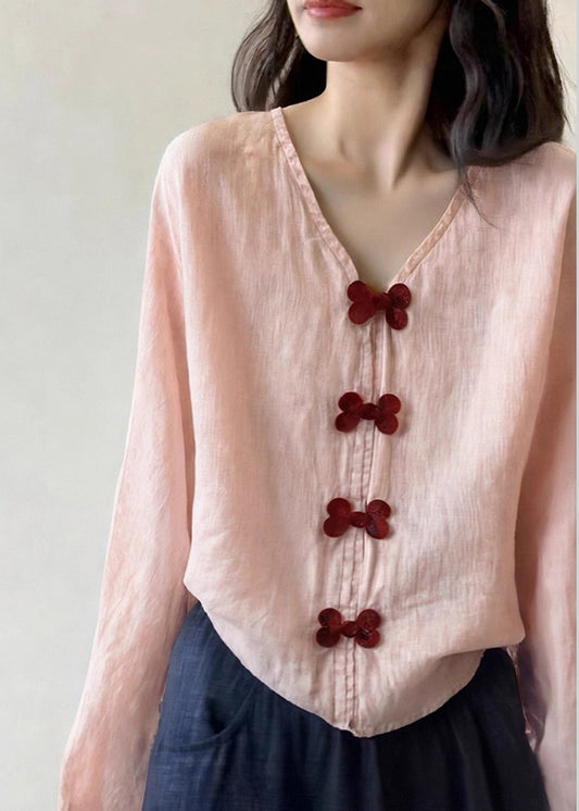 Blusa de algodón con lazo y cuello en V rosa única para primavera