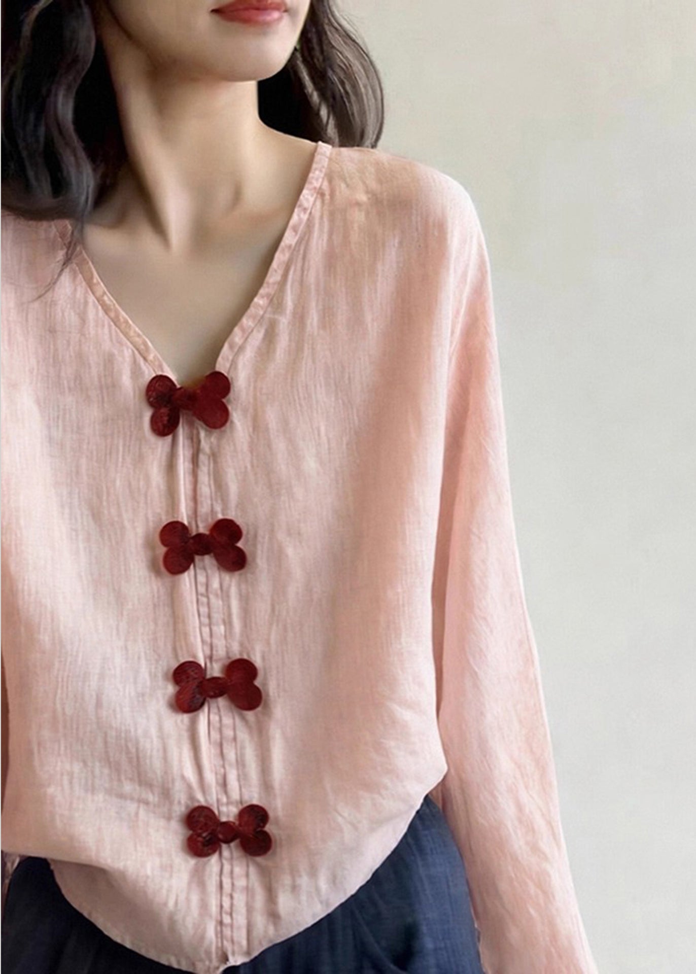 Blusa de algodón con lazo y cuello en V rosa única para primavera