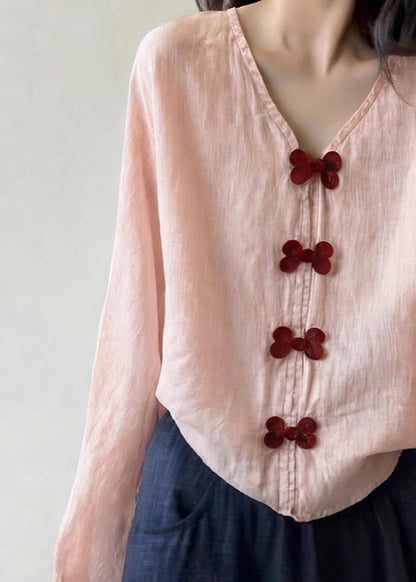Blusa de algodón con lazo y cuello en V rosa única para primavera