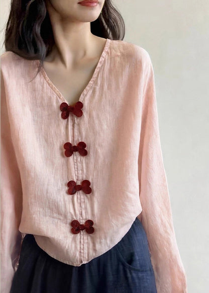 Blusa de algodón con lazo y cuello en V rosa única para primavera