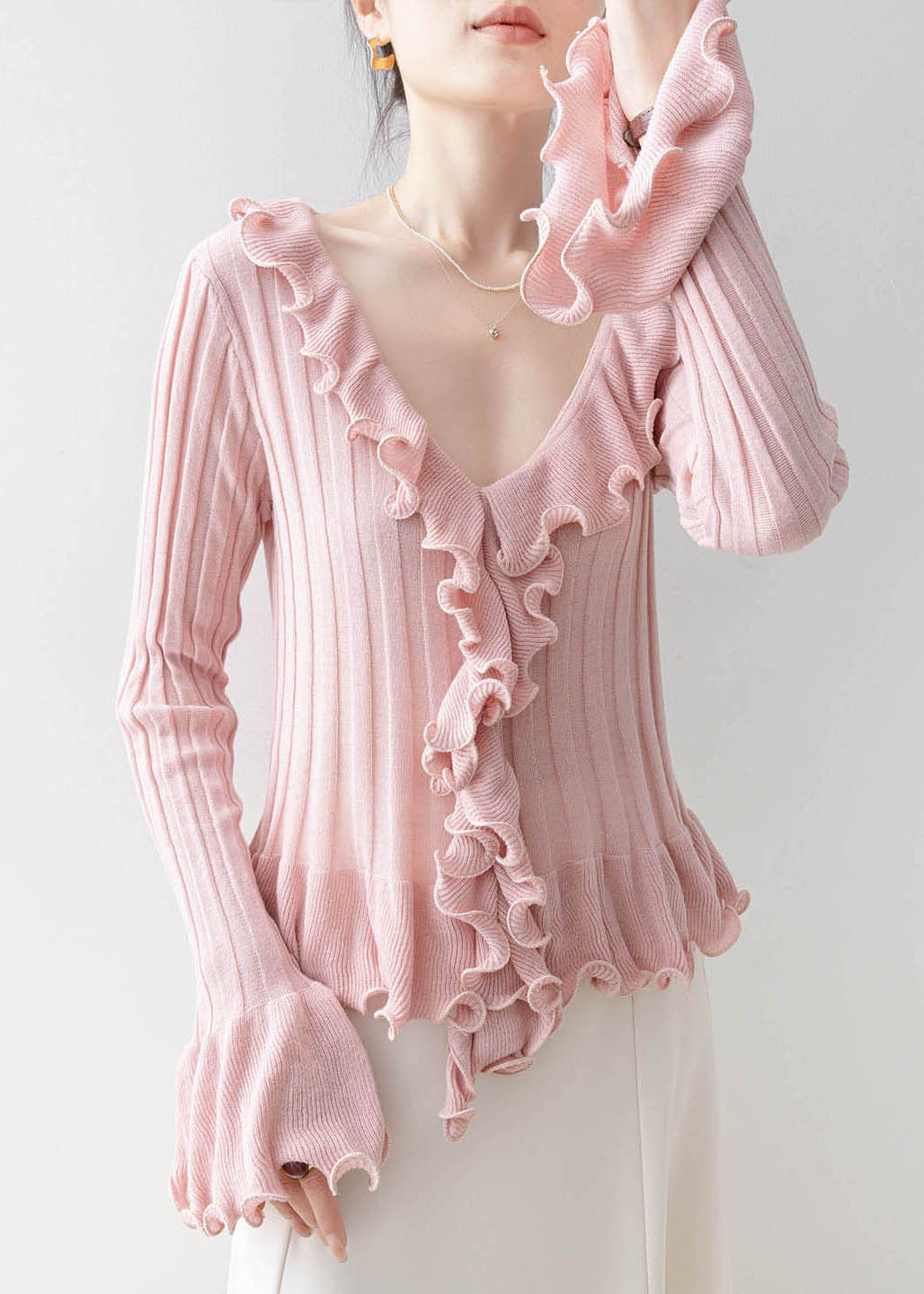 Unique Pink V Neck Ruffled Patchwork Knit Top Spring