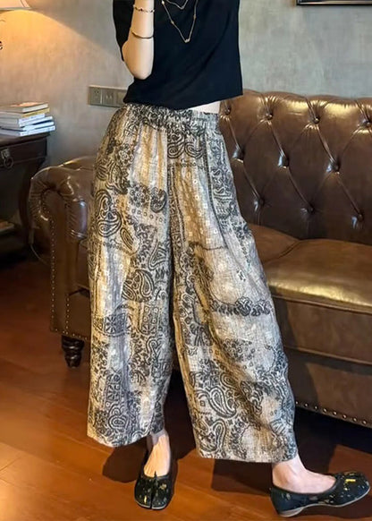 Unique Print Elastic Waist Cotton Wide Leg Pants Summer
