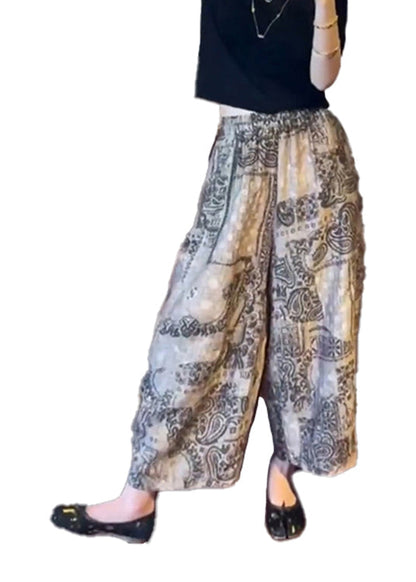 Unique Print Elastic Waist Cotton Wide Leg Pants Summer