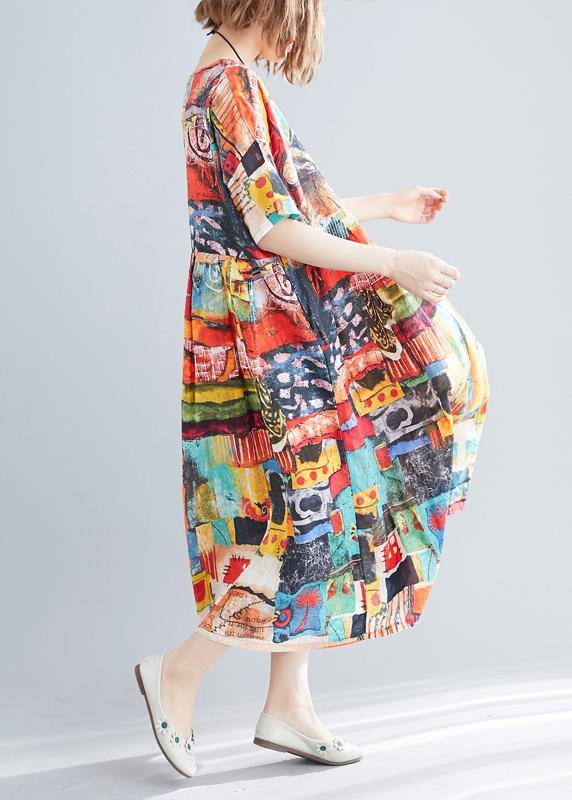 Unique Print O-Neck Cotton Loose Summer Mid Dress - SooLinen