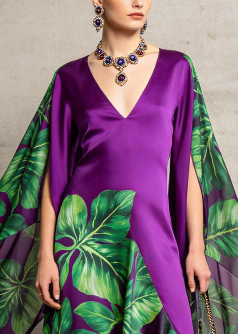 Unique Purple Asymmetrical Patchwork Chiffon Dress Cloak Sleeves