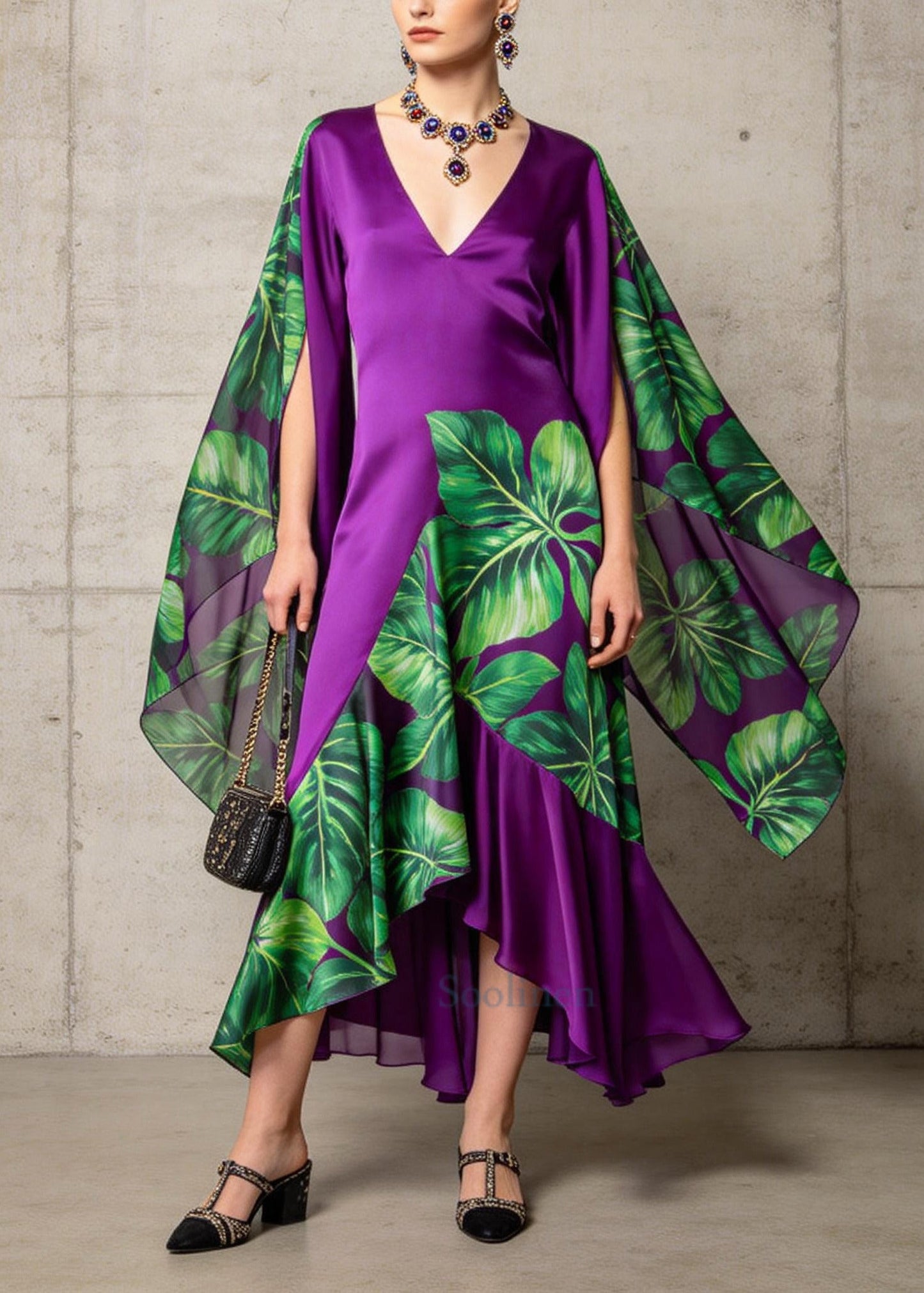 Unique Purple Asymmetrical Patchwork Chiffon Dress Cloak Sleeves
