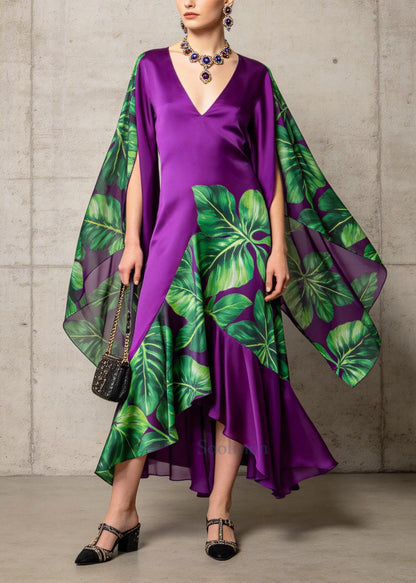 Unique Purple Asymmetrical Patchwork Chiffon Dress Cloak Sleeves