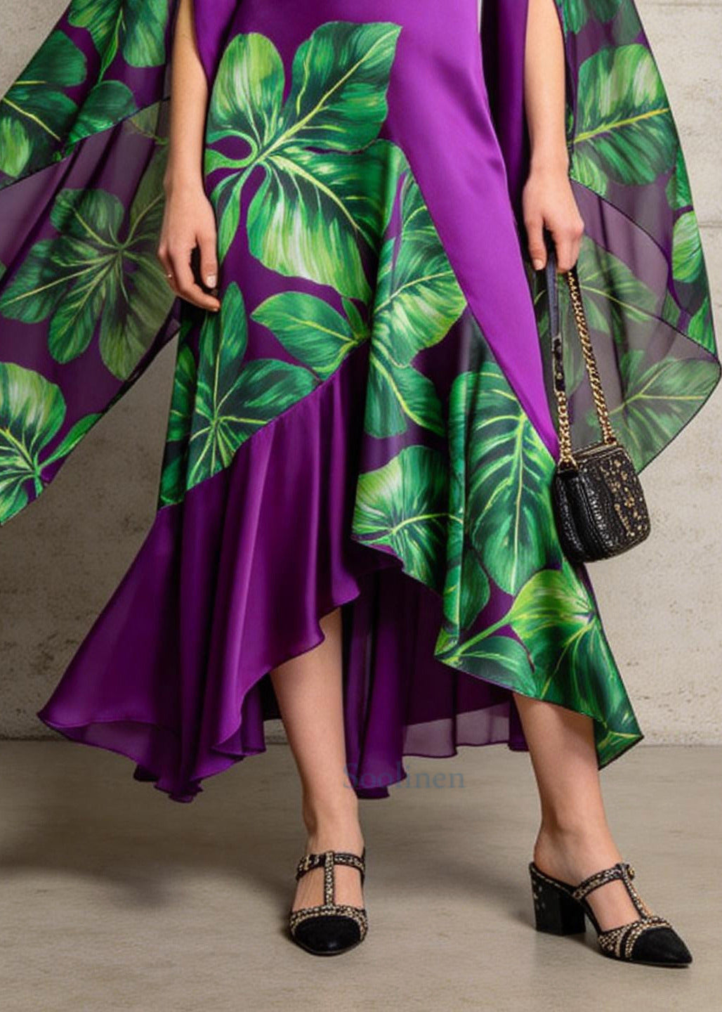 Unique Purple Asymmetrical Patchwork Chiffon Dress Cloak Sleeves