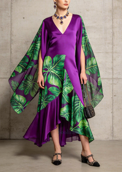 Unique Purple Asymmetrical Patchwork Chiffon Dress Cloak Sleeves