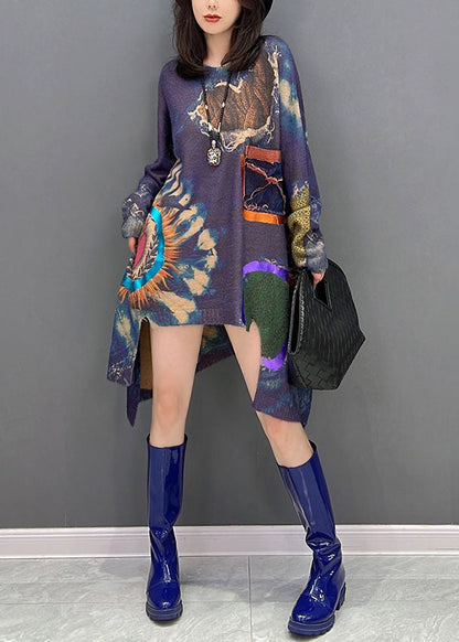 Einzigartiger lila asymmetrischer Druck seitlich offener Strickpullover für den Winter