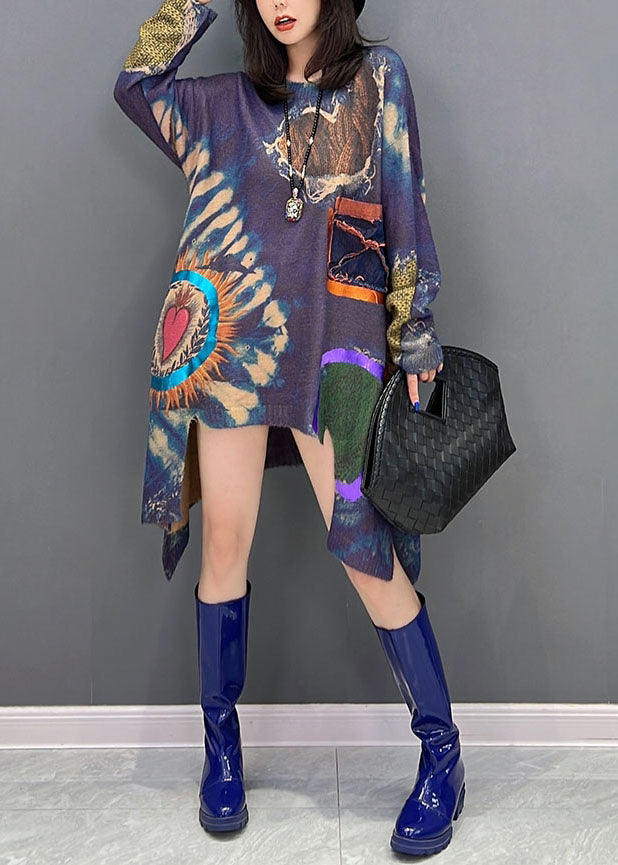 Einzigartiger lila asymmetrischer Druck seitlich offener Strickpullover für den Winter