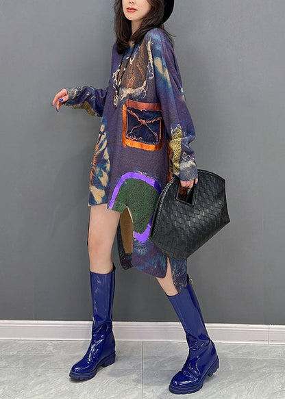 Einzigartiger lila asymmetrischer Druck seitlich offener Strickpullover für den Winter