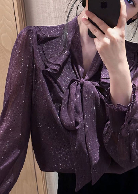 Unique Purple Bow Ruffled Solid Shirt Fall