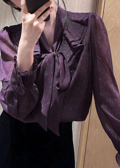 Unique Purple Bow Ruffled Solid Shirt Fall