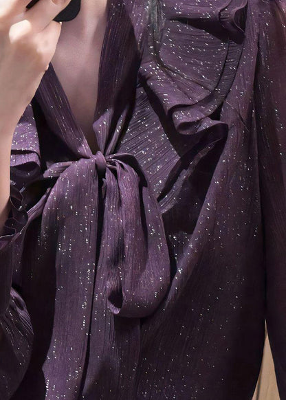 Unique Purple Bow Ruffled Solid Shirt Fall