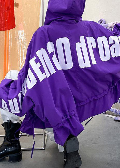 Unique Purple Cotton Letter zippered Hooded Coat Spring - SooLinen