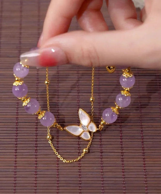 Einzigartiges, doppellagiges Kettenarmband mit violettem Kristall-Zirkon-Schmetterling