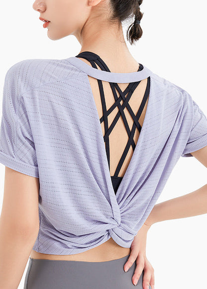 Unique Purple O-Neck Short Sleeve Yoga Top