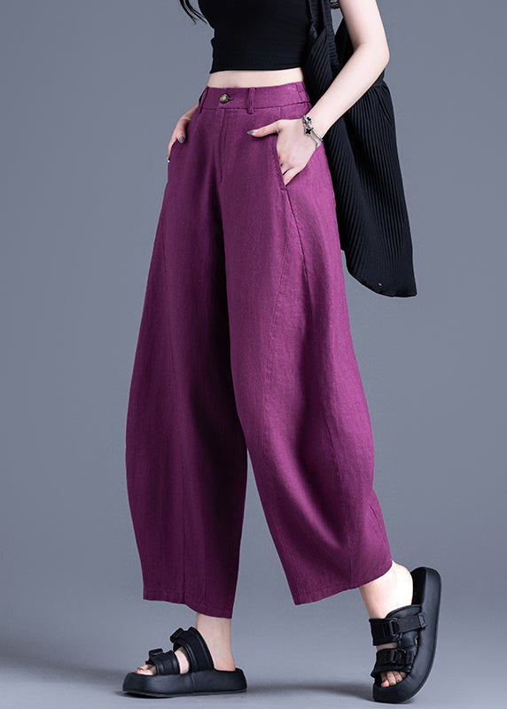Unique Purple Oversized Pockets Linen Pants Trousers Summer