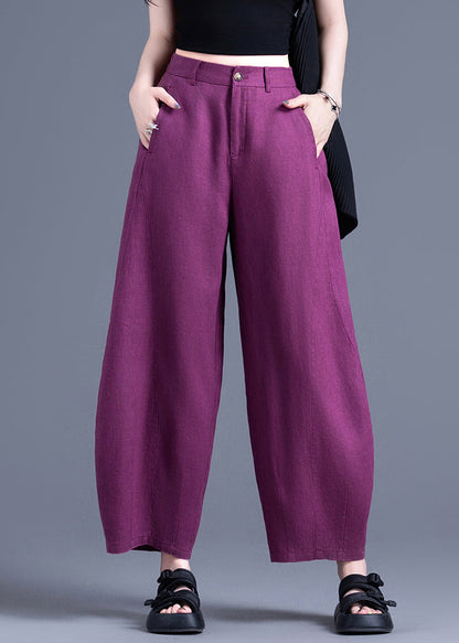 Unique Purple Oversized Pockets Linen Pants Trousers Summer