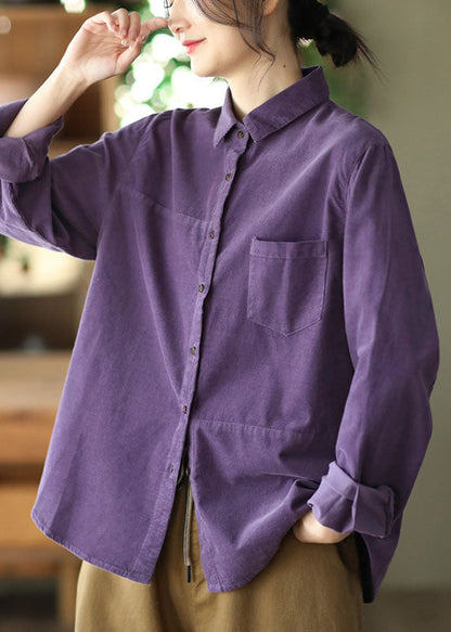 Einzigartige Lila Peter Pan Kragen Knopf Patchwork Cord Blusen Frühling