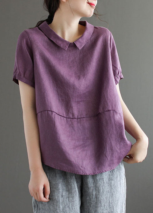 Camisetas de lino con cuello Peter Pan morado y patchwork para verano