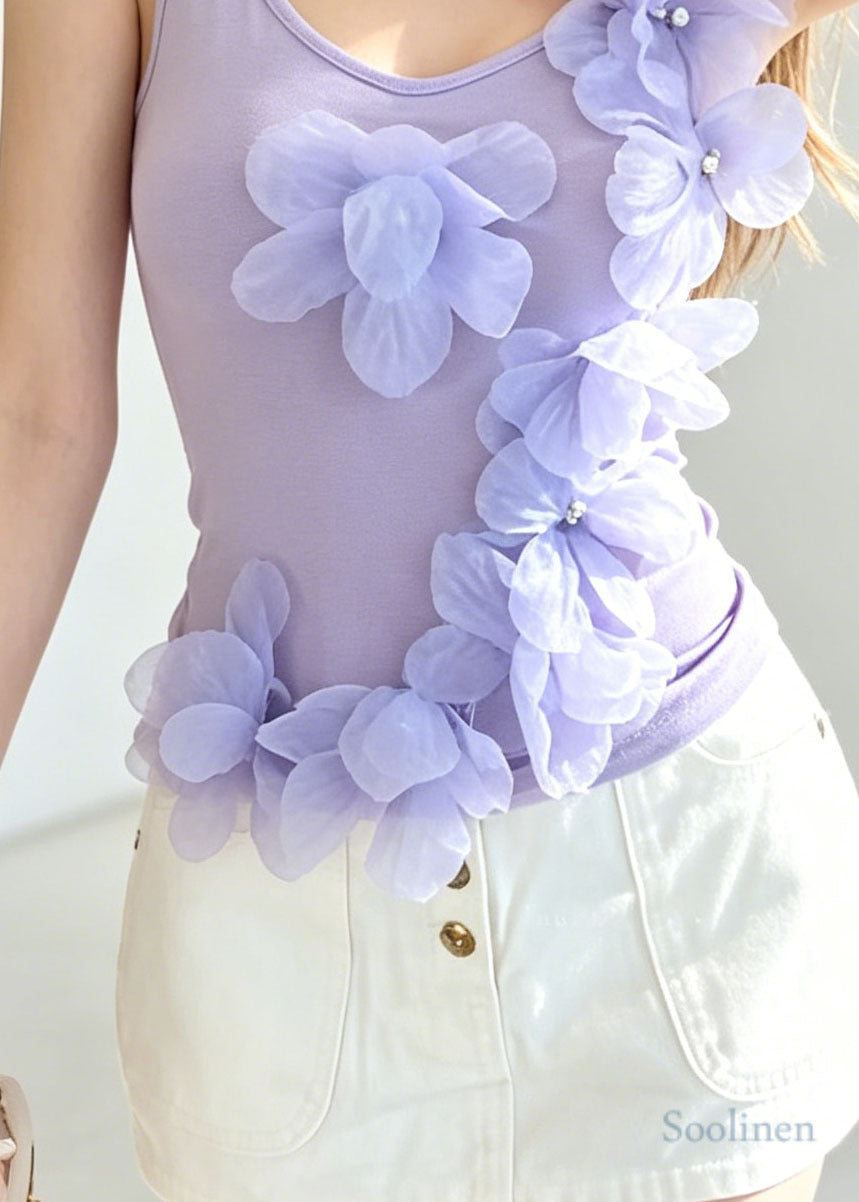 Unique Purple Three-Dimensional Floral Cotton Tops Summer