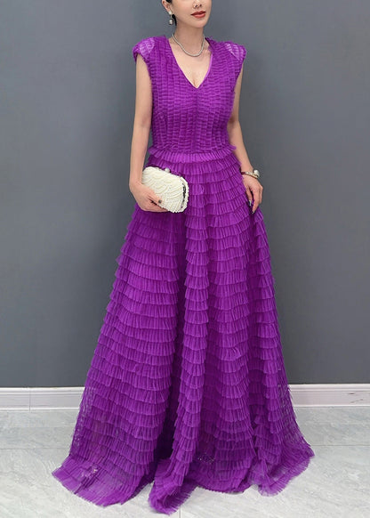Unique Purple V Neck Long Dresses Short Sleeve
