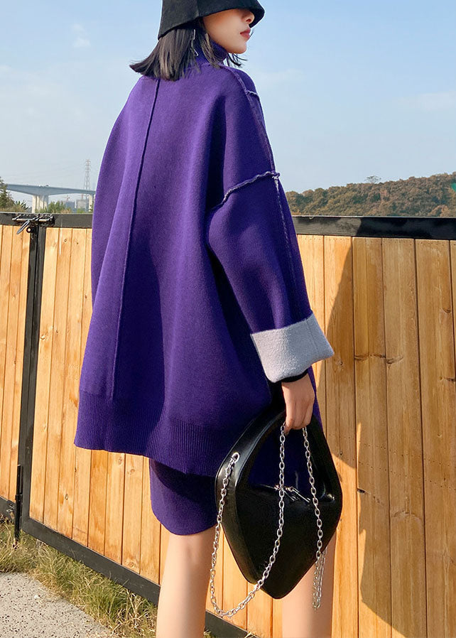 Einzigartiges lila asymmetrisches Patchwork-Strick-Zweiteiler-Set für den Herbst