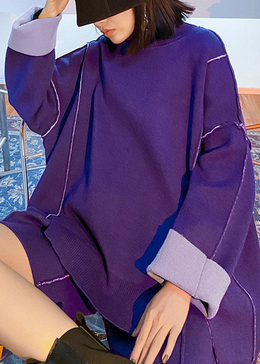 Einzigartiges lila asymmetrisches Patchwork-Strick-Zweiteiler-Set für den Herbst