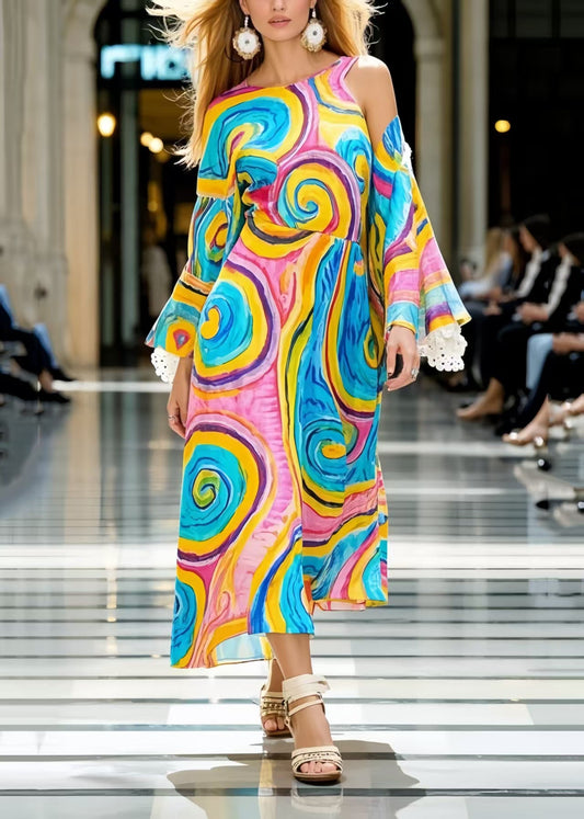 Unique Rainbow Asymmetrical Print Cold Shoulder Dresses Spring