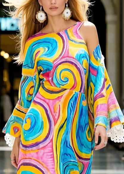 Unique Rainbow Asymmetrical Print Cold Shoulder Dresses Spring