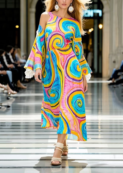 Unique Rainbow Asymmetrical Print Cold Shoulder Dresses Spring