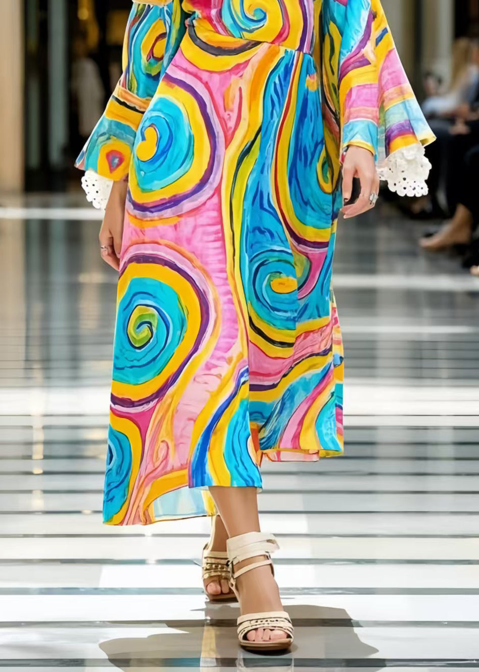 Unique Rainbow Asymmetrical Print Cold Shoulder Dresses Spring