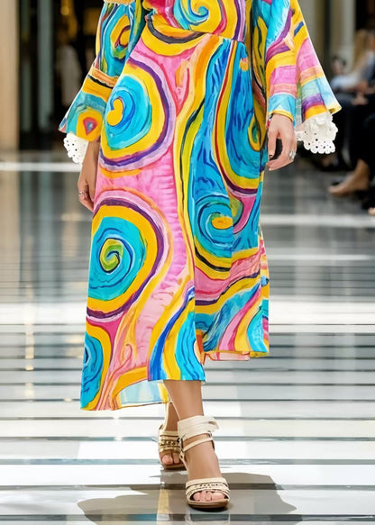 Unique Rainbow Asymmetrical Print Cold Shoulder Dresses Spring