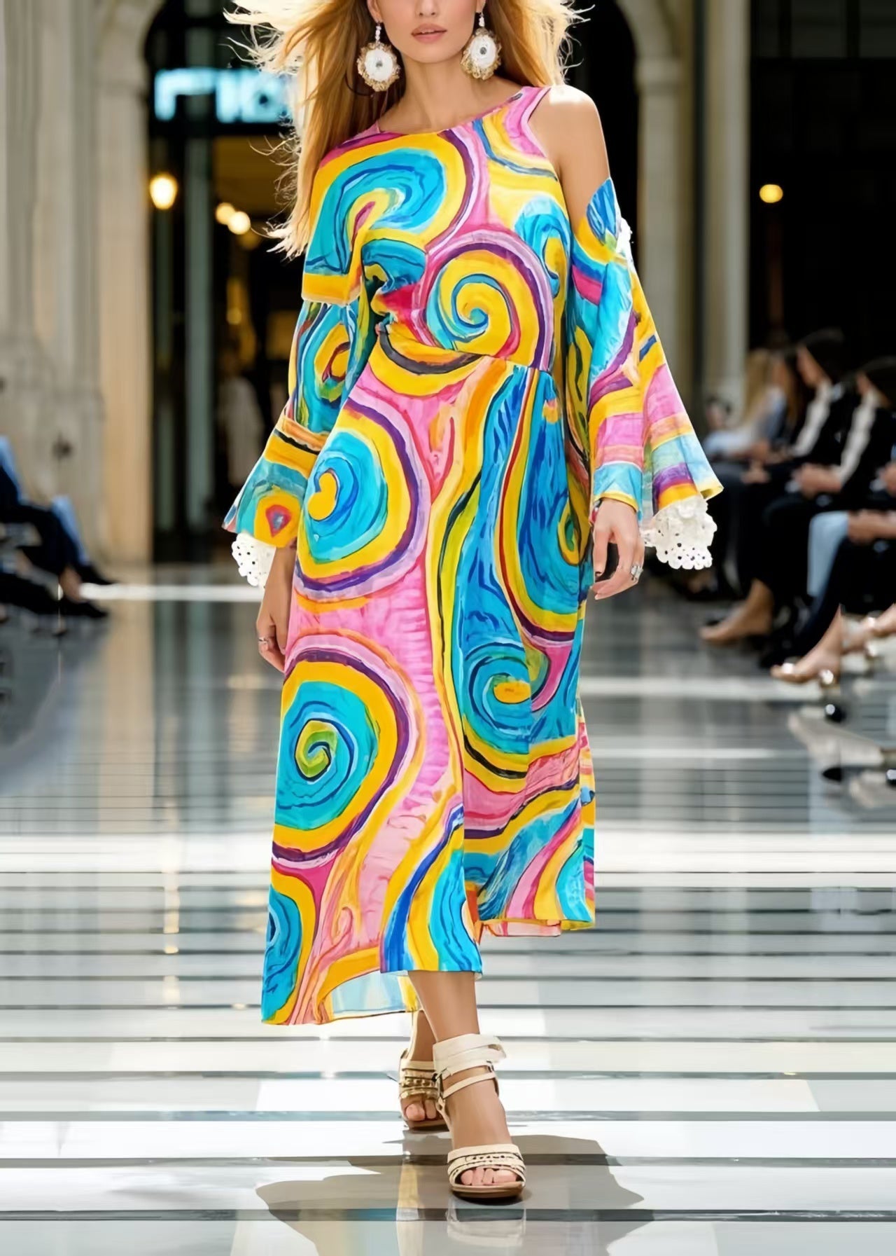 Unique Rainbow Asymmetrical Print Cold Shoulder Dresses Spring