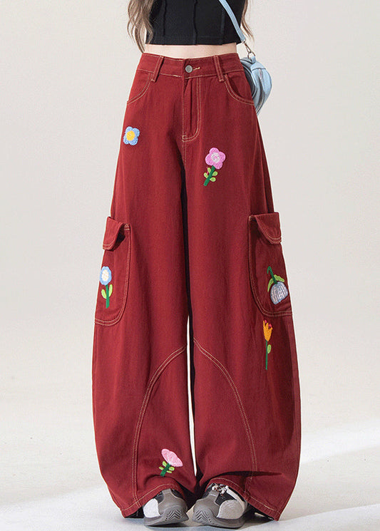 Pantalones vaqueros anchos con bolsillos bordados en rojo únicos para primavera