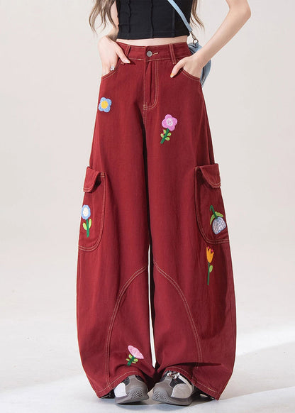 Pantalones vaqueros anchos con bolsillos bordados en rojo únicos para primavera