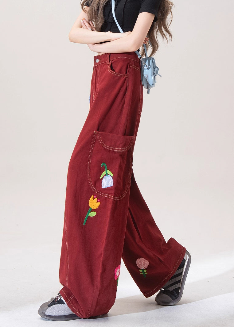 Pantalones vaqueros anchos con bolsillos bordados en rojo únicos para primavera