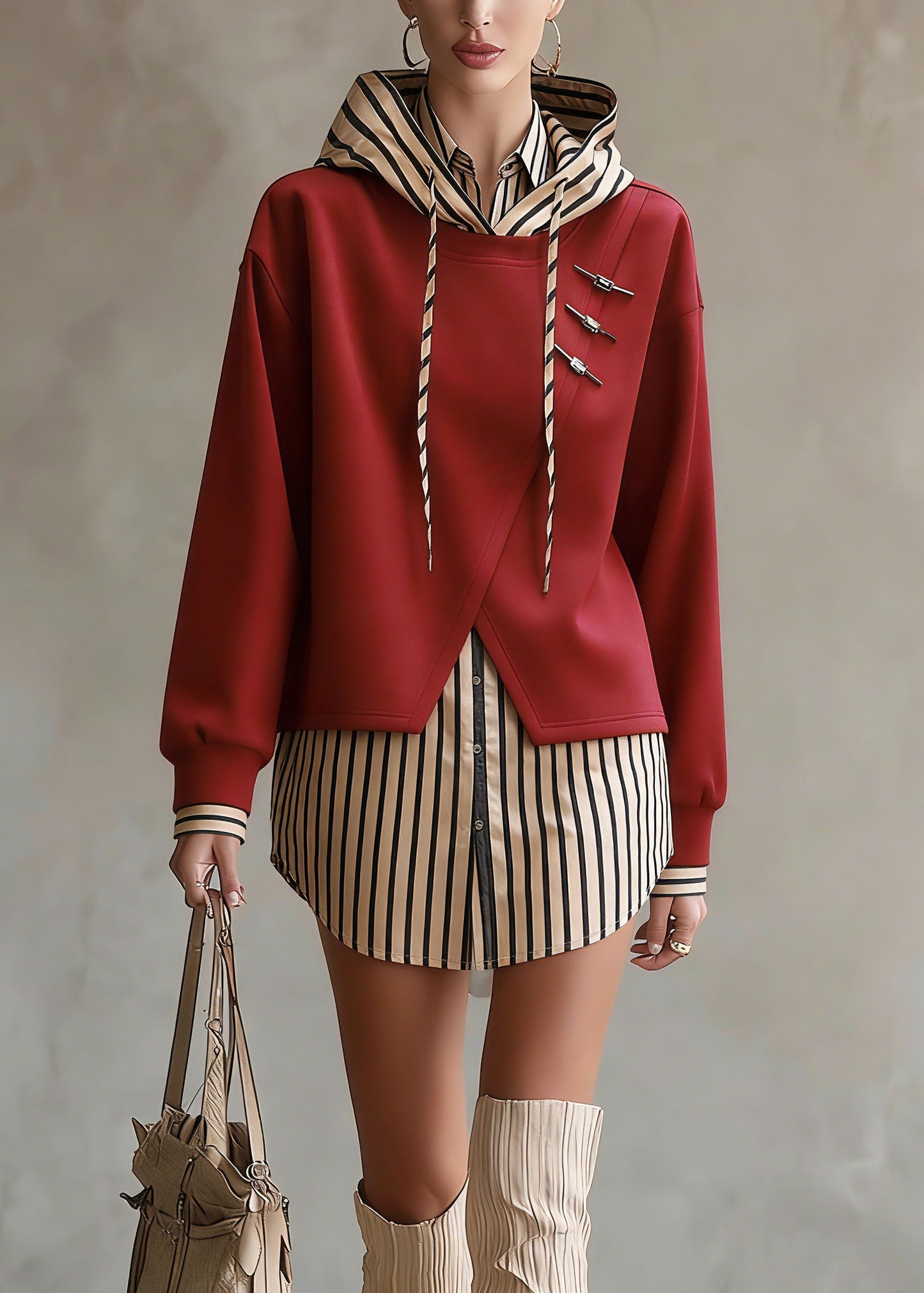 Unique Red Hooded Patchwork False Two Pieces Cotton Top Fall