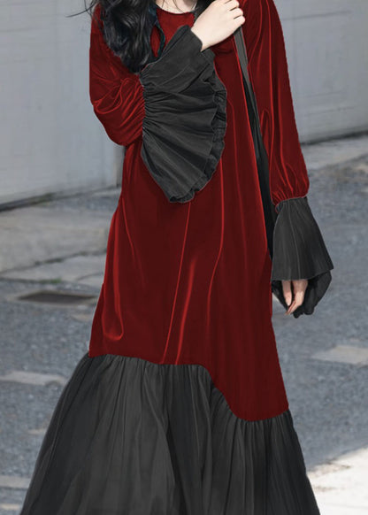 Unique Red O-Neck Patchwork Silk Velvet Long Dresses Fall