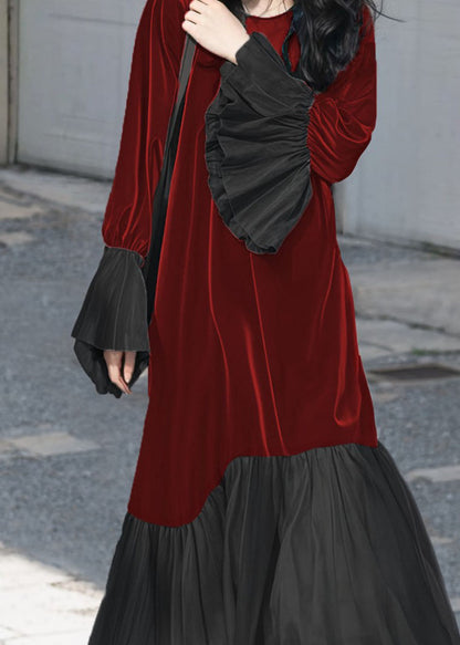 Unique Red O-Neck Patchwork Silk Velvet Long Dresses Fall