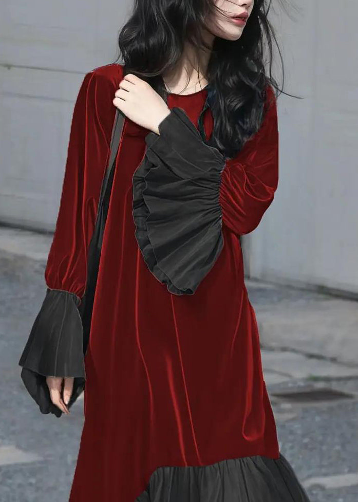 Unique Red O-Neck Patchwork Silk Velvet Long Dresses Fall