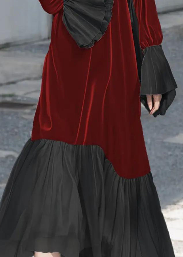 Unique Red O-Neck Patchwork Silk Velvet Long Dresses Fall