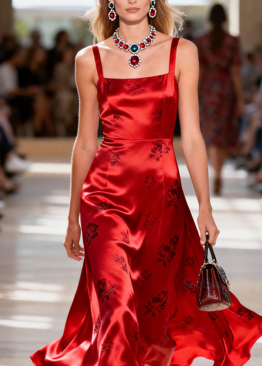 Unique Red Square Collar Print Silk Spaghetti Strap Dress Summer