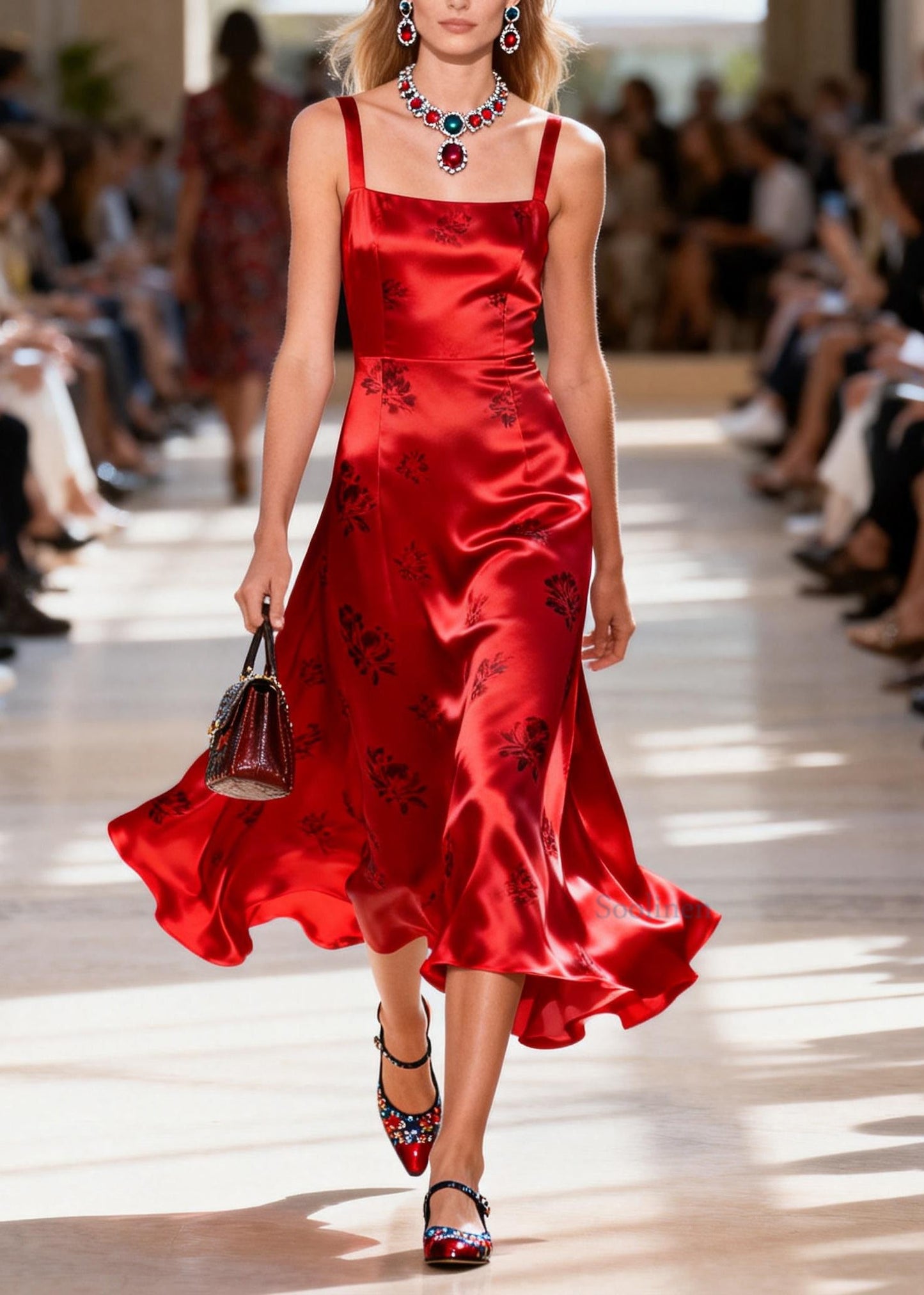 Unique Red Square Collar Print Silk Spaghetti Strap Dress Summer
