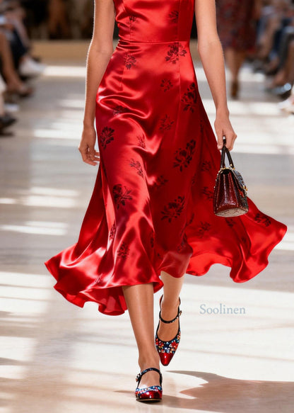 Unique Red Square Collar Print Silk Spaghetti Strap Dress Summer