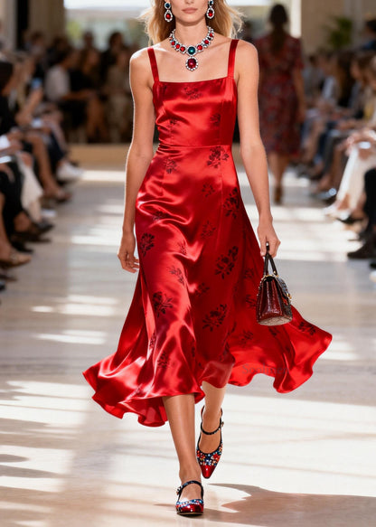 Unique Red Square Collar Print Silk Spaghetti Strap Dress Summer