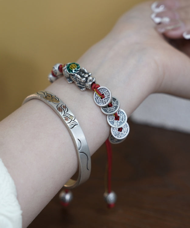Pulsera única de cadena con monedas de cobre Xiupi en plata de ley roja