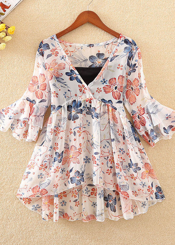 Einzigartiges rotes Chiffon-Hemd mit V-Ausschnitt und Blumenmuster